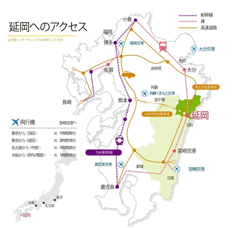 延岡市へのアクセスマップ。宮崎空港へは羽田から約1時間50分、大阪から約1時間10分。九州内からは東九州自動車道や九州中央自動車道、JR日豊本線でアクセス可能です。